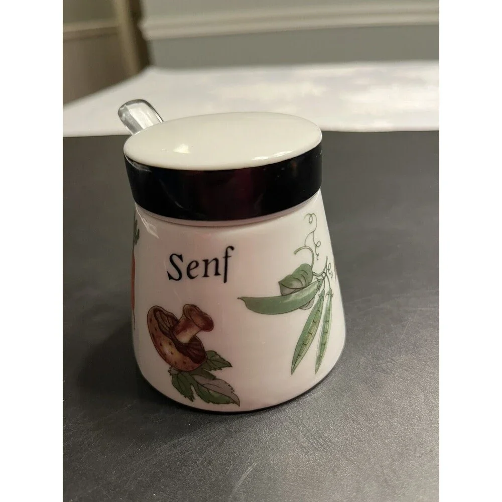Gerold Porzellan Bavaria Mushroom Veggie Motif Condiment Jar w Lid & Spoon